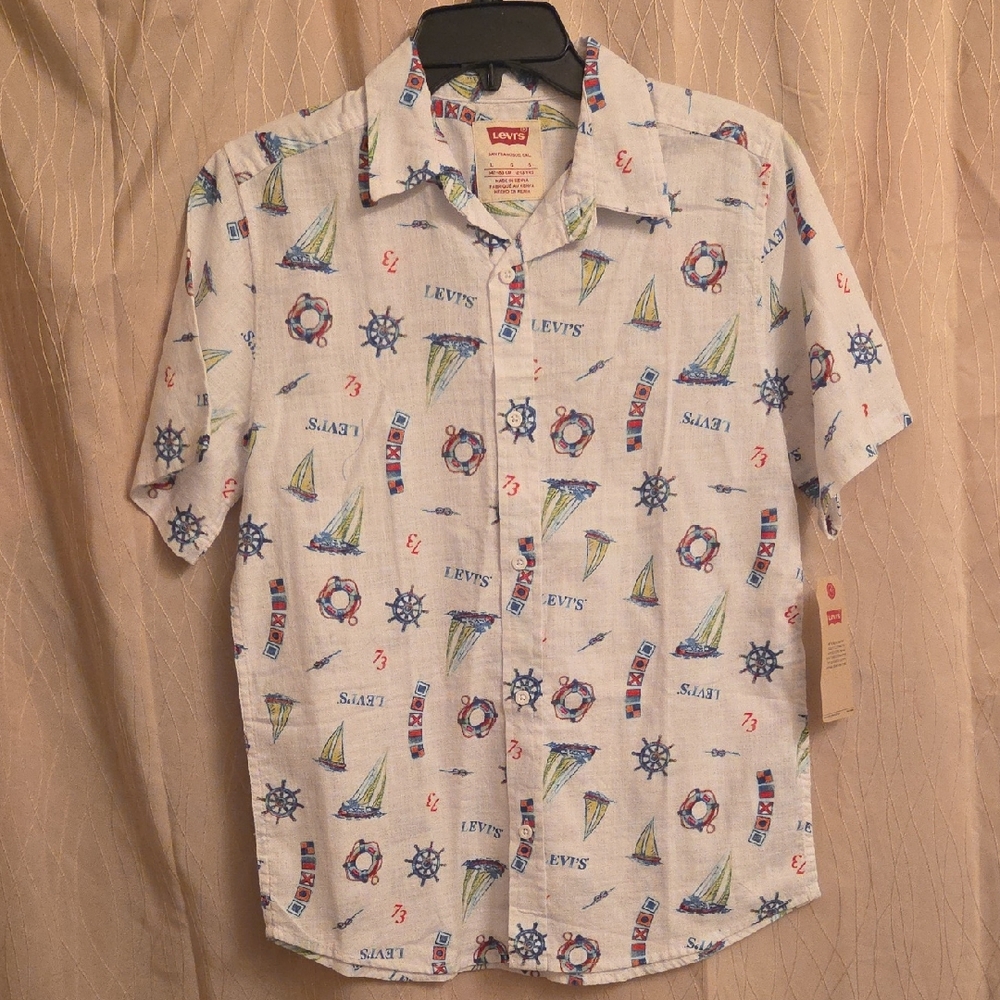 Levi's White Short-Sleeve Nautical Print Shirt with Blue, Red and Yellow Accents